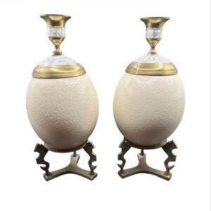 Vintage 1970s Pair Ostrich Egg Candle Holders Style of J Antony Redmile 11”